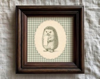 Hedgehog Bathroom Poster, Sage Green Gingham Toilet Paper Wall Art, Vintage Bath Decor