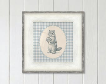 Chipmunk Mushroom Print on Blue Gingham for Woodland Nursery