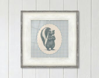 Framed Skunk with Daisy Print on Baby Blue Gingham for Woodland Nursery
