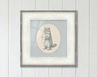 Chipmunk Bathroom Print with Toilet Paper on Blue Gingham