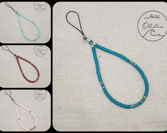 Jewel / phone strap in polymer Heishi beads and natural stones turquoise/brown red/sky blue/pale pink