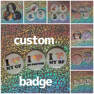 May include: A collection of custom badges with various designs. Some badges feature hearts, stars, and text that says "I love my GF", "I love my partner", and "I love my BF". Other badges feature images of video game characters and a band.