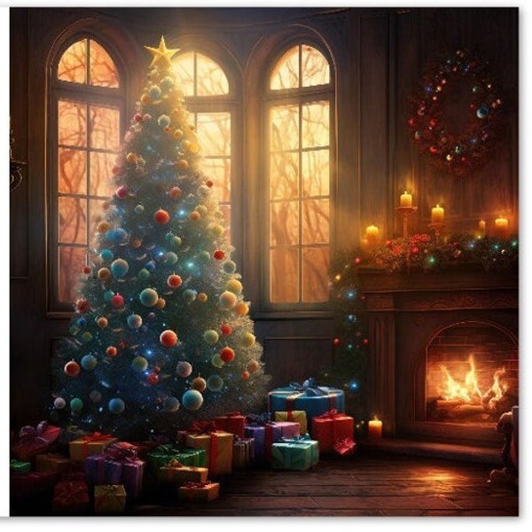 10 Weihnachtskarten, Heiligabend, Weihnachtsbaum, Kamin, Geschenke, Set mit 10 Grußkarten (Standardumschläge)