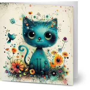 10 cartes, chat bleu, fleurs, oiseau,