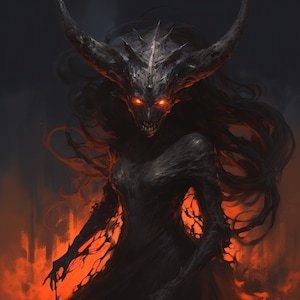 May include: A dark, shadowy figure with horns and glowing red eyes. The figure is surrounded by a fiery orange background.