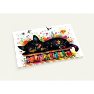 10 Karten, schwarze Katze auf Büchern, farbenfroh, niedlich, Lesen, Blumen