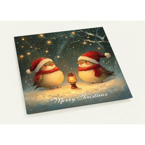 10 cartes de Noël, couple d'oiseaux avec bonnet de Noel et lanterne, paquet de 10 cartes de vœux