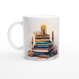 Cup of books, candles, reading, stack of books