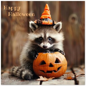 10 cartes postales Halloween, raton laveur avec chapeau et citrouille