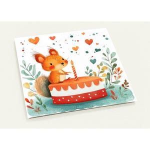 10 cartes écureuil avec gâteau d'anniversaire, coeurs et fleurs