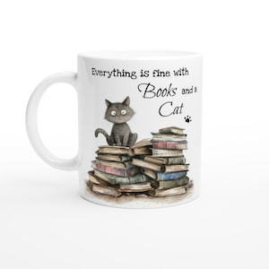 Cat, books, everything is fine, cup