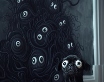 Pug, black, eyes, abstract, whimsical