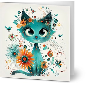 10 cartes, chat bleu avec fleurs,