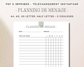Planner Ménage Français / Planning Ménage / Planificateur Tâches ménagères / PDF imprimable format inserts ou A4 ou A5, 5 coloris inclus