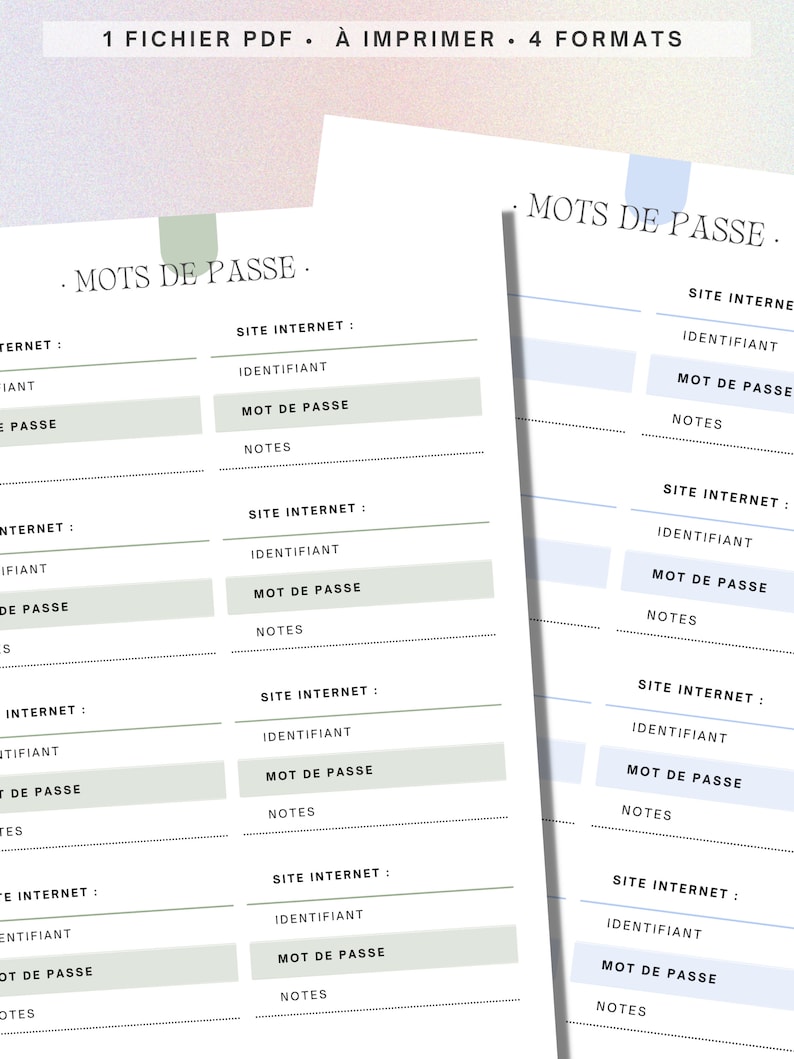 Mémo Mot de Passe à imprimer format inserts ou A4 ou A5, 5 coloris inclus Etsy France