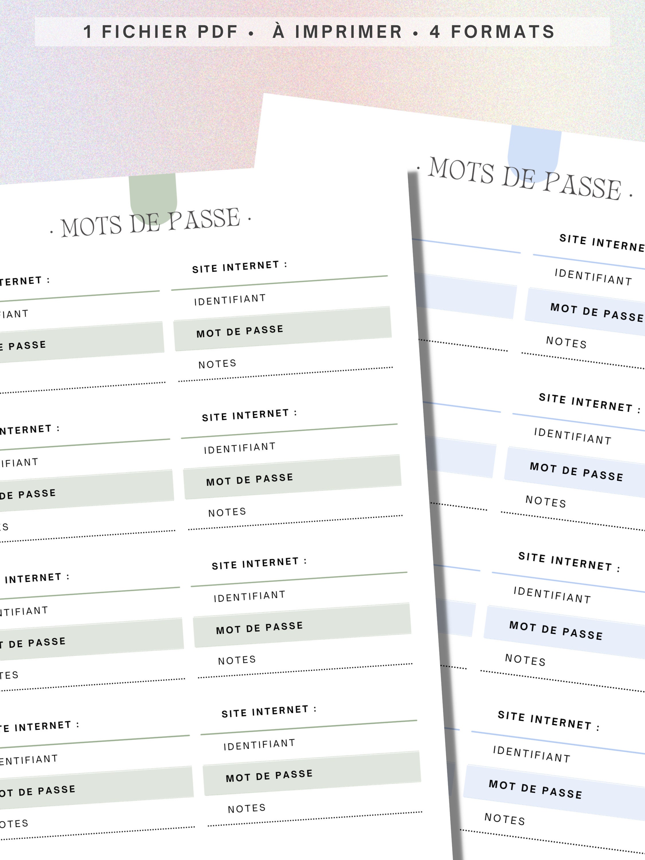 Mémo Mot de Passe à imprimer format inserts ou A4 ou A5, 5 coloris