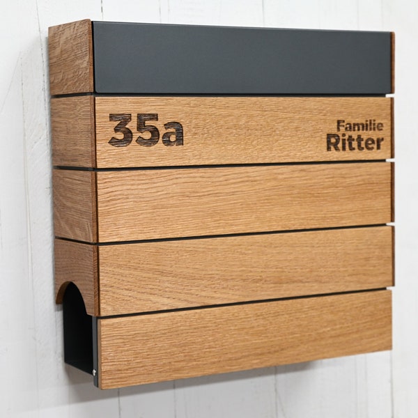 Letterbox solid oak anthracite with newspaper compartment modern personalized wall mounting laser engraving / UV printing individual design