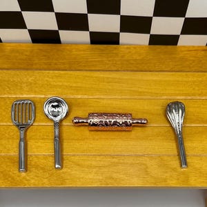 Kitchen Utensils Cooking Baking Mixing Supplies Rolling Pin Metal Ladle Spatula Whisk Mini Tiny Replicas Dollhouse Miniatures Feve Feves