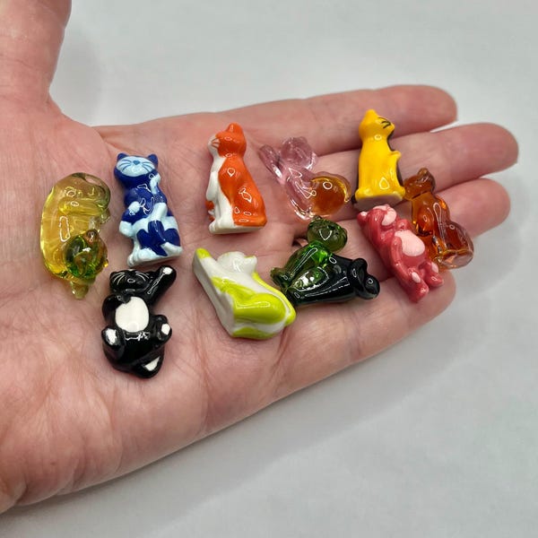 Tiny Two Color Artsy Cats: Porcelain and Glass Modern Kittens Kitty Cat Art Deco Dollhouse Miniatures French Feves G22