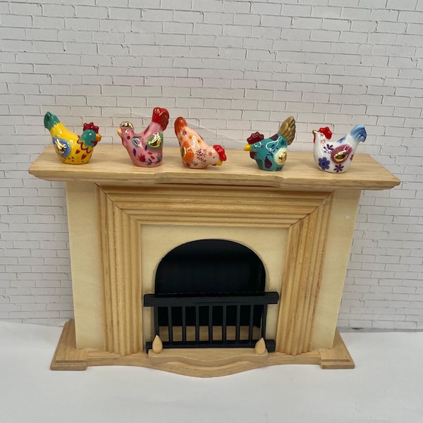 Tiny Artsy Chickens Roosters Hens: Colorful with Golden Accents Springtime Easter Gift Decor Porcelain Dollhouse Miniatures French Feves G11
