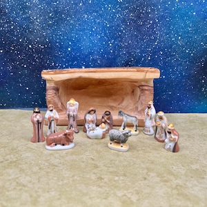 Tiny Filigree Desktop Christmas Nativity: 12 Piece Set with Golden Designs Accents Hand Painted Porcelain French Feves F4