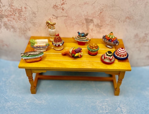 Tiny Fancy Dinner: Cornucopia Lobster Fish Fruit Pitcher Cherry Dessert Harvest Royal Feast Foods Dollhouse Miniatures French Feves VV112