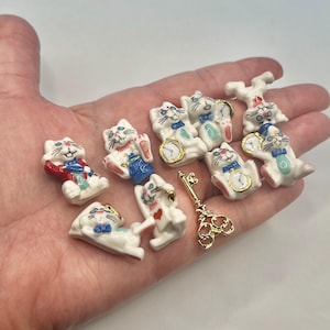 Tiny White Rabbits and Golden Key: Bunny Rabbit Easter Springtime with Hearts Clock Porcelain Dollhouse Miniatures French Feves O5