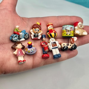 Tiny Old Toys: Wobble Clown Robot Top Pinocchio Teddy Bear Dog Baby Doll Moo Box Motorcycle Soldier Dollhouse Miniatures French Feves TT27