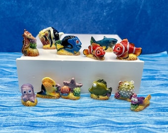 Tiny Pixar Finding Nemo Set: 12 Piece Fish Characters Vintage Porcelain Storybook Licensed Dollhouse Miniatures French Feves D18