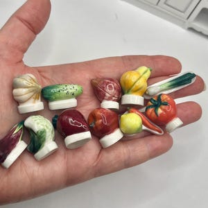 May include: A collection of miniature ceramic vegetable figurines, each featuring a glossy finish and a flat white base. The set includes a garlic bulb, cucumber, onion, squash, leek, eggplant, cauliflower, beet, apple, lemon, carrot, and a red tomato.
