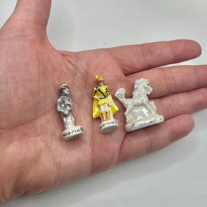 Tiny Magical Shimmery Fairy Tale Characters: White Unicorn, Golden Knight Prince Charming, Elf Goblin Porcelain Miniatures French Feves K70