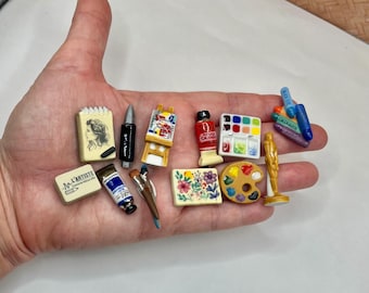Tiny Art Supplies: Sketch Pad Paint Tube Palette Easel Watercolor Paints Paintbrush  Model Pencil  Dollhouse Miniatures French Feves I31