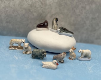 Tiny Arctic Animals: Polar Bear Sea Lion Fox Walrus Wolf White Rabbit Falcon Penguin Duck Ox Dollhouse Miniatures French Feves TT25