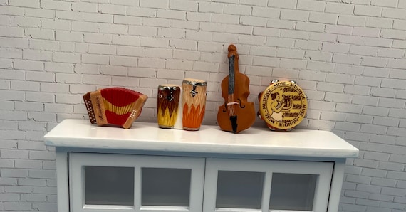 Tiny Musical Instruments Violin Bongo Drums Accordion Tambourine Folk Music Porcelain Dollhouse Miniatures French Feves Z100
