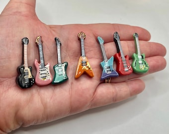 Tiny Electric Guitars: Rock and Roll Blue Brown Black Pink Red Green Metal Guitar Musical Instruments  Dollhouse Miniatures French Feves T2