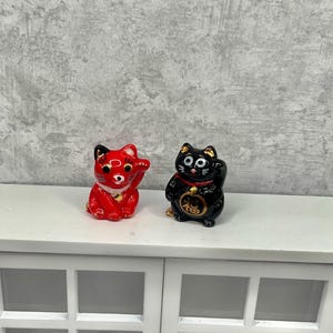 Tiny Maneki Neko Good Luck Cats: Red and Black Porcelain Miniatures French Feves