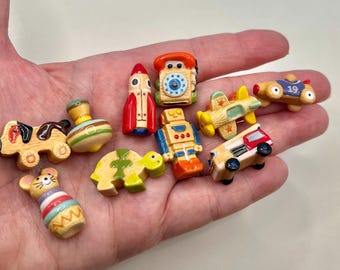 Mini Wooden Style Toys: Robot Rocket Ship Airplane Firetruck Dog on Wheels Spinning Top Telephone  Dollhouse Miniatures French Feves I22