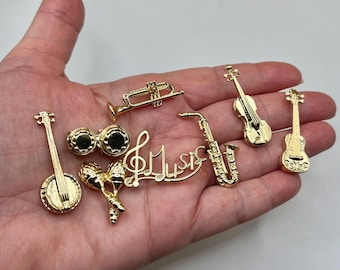 Tiny Golden Musical Instruments: Bass Guitar Violin Maracas Drums Saxophone Trumpet Banjo Dollhouse Miniatures French Feves 0103