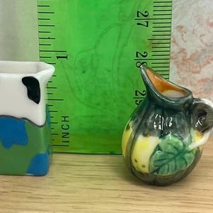 Tiny Cow and Gourd/ Squash  Shaped Water Pitchers:  Animal and Plants Vines Water Jar Jug Porcelain Dollhouse Miniatures French Feves HH6