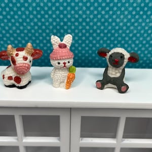 Tiny Farm Animals Crochet Style Stuffed Animal  Replicas Dollhouse Miniatures French Feve Feves Cow Bunny Rabbit Black and White Sheep Mini