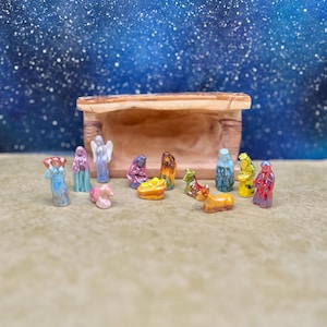 Tiny Artsy Colorful Nativity Set for Small Spaces: 12 Piece Ombre  Hand Painted Porcelain Dollhouse Miniatures French Feves Y10