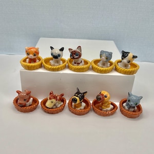 Tiny Puppies and Kittens in Baskets: 2 Piece Cat or Dog and Basket Vintage Porcelain Dollhouse Miniatures French Feves A10