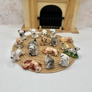 May include: A collection of miniature porcelain puppy figurines in various poses and colors, including white, brown, and gray. The puppies are arranged on a woven mat, with a decorative fireplace in the background.