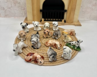 Tiny Hand Painted Porcelain Dogs: Pups Doggies Puppies Vintage Dollhouse Miniatures French Feves J7B