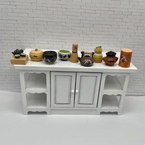 Tiny Asian Teapot and Tea Set: Japanese Green Service  Pot Bowl Canister Whisk Spoon Matcha Chinese Dollhouse Miniatures French Feves U44