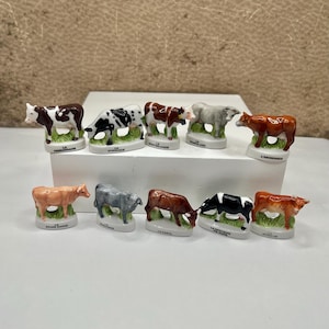 Tiny Cows: Many Types and Colors Black and White Spotted Brown Red Grey Farm Animals Cow Herd Porcelain Dollhouse Miniatures French Feves F3