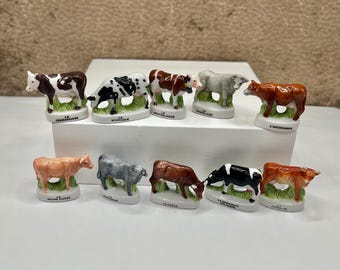 Tiny Cows: Many Types and Colors Black and White Spotted Brown Red Grey Farm Animals Cow Herd Porcelain Dollhouse Miniatures French Feves F3