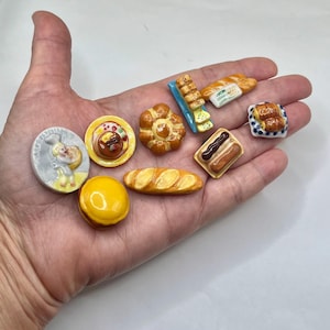 Tiny  Breads Pastries and Chef: Bakery Foods Pancakes Baguettes Rolls Loaves Breakfast Porcelain Dollhouse Miniatures French Feves O112