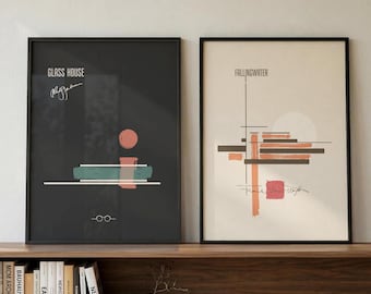 Ensemble d'affiches architecturales Fallingwater et Glass House - Affiches minimalistes du milieu du siècle (téléchargement numérique)