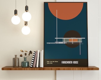 May include: A framed print of a minimalist architectural design with a blue background, orange circle, and brown circle. The text "Farnsworth House" and "Mies van der Rohe 1945-1951" is printed below the design.